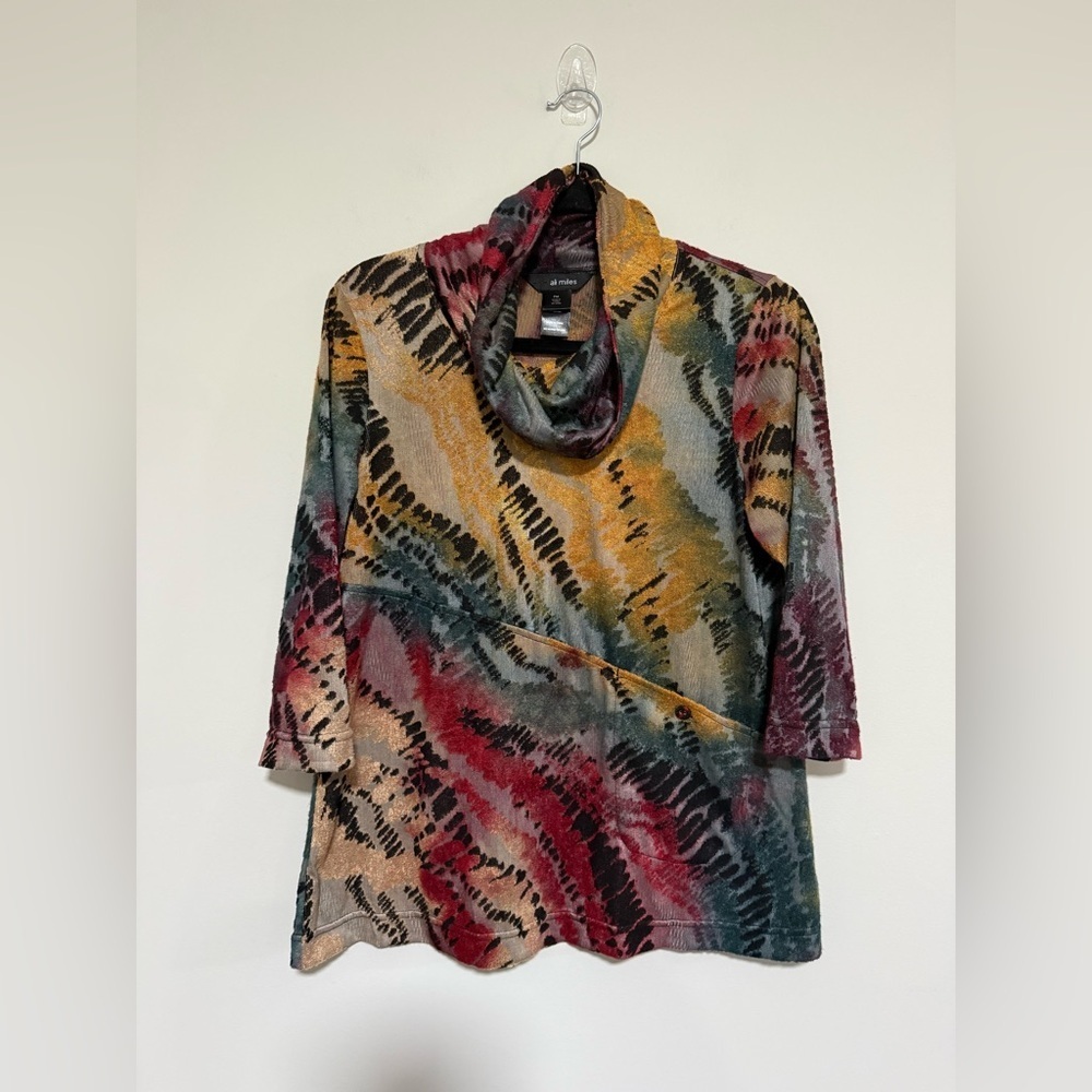 Ali Miles Abstract Textured Cowl Neck Top Size Petite Medium Artsy Boho